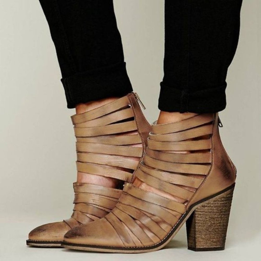 Free People Boot Bootie Terracotta Brown Hybrid Strappy Leather Distressed